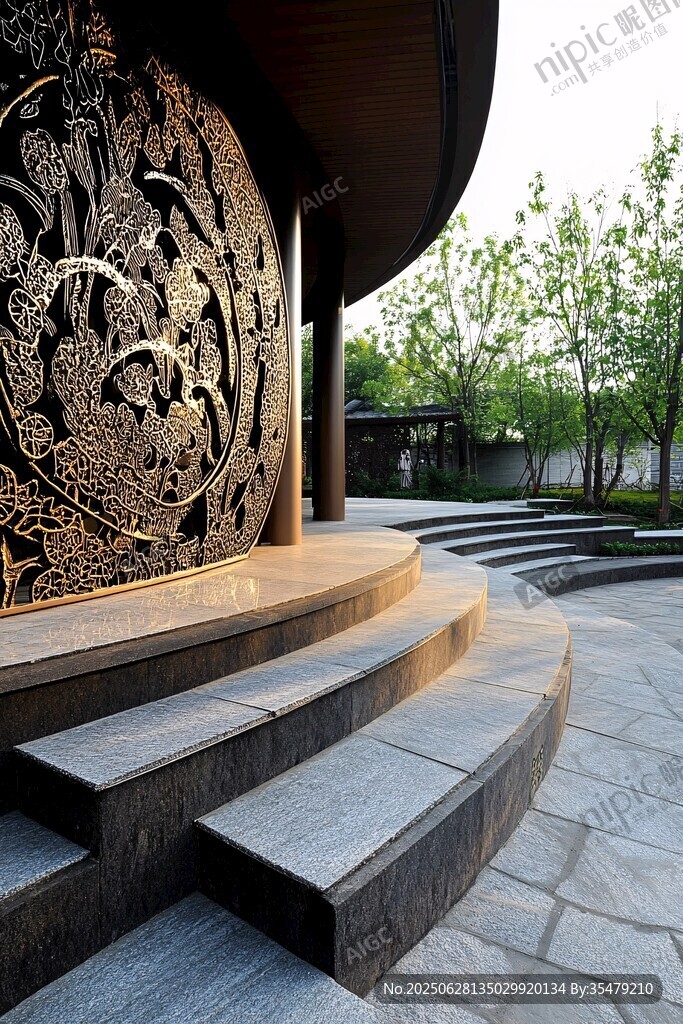 中式庭院精致雕花台阶景观