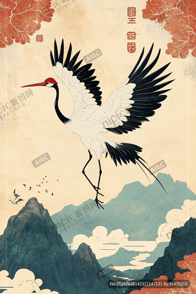 丹顶鹤于山水间展翅翱翔