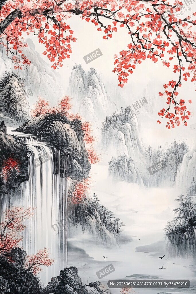 水墨山水间 红枫映飞瀑