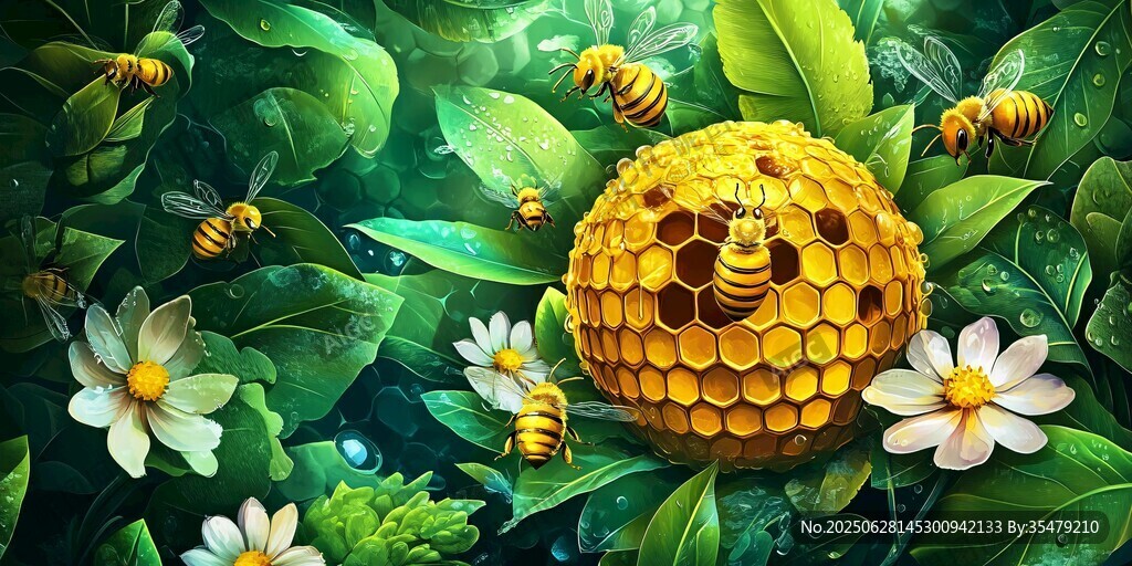 梦幻蜂巢与忙碌蜜蜂图景