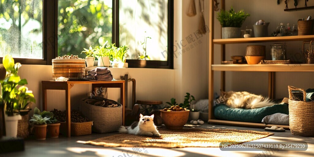 温馨绿植小屋中的慵懒猫咪