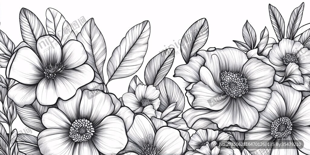 花卉黑白线稿边框图案