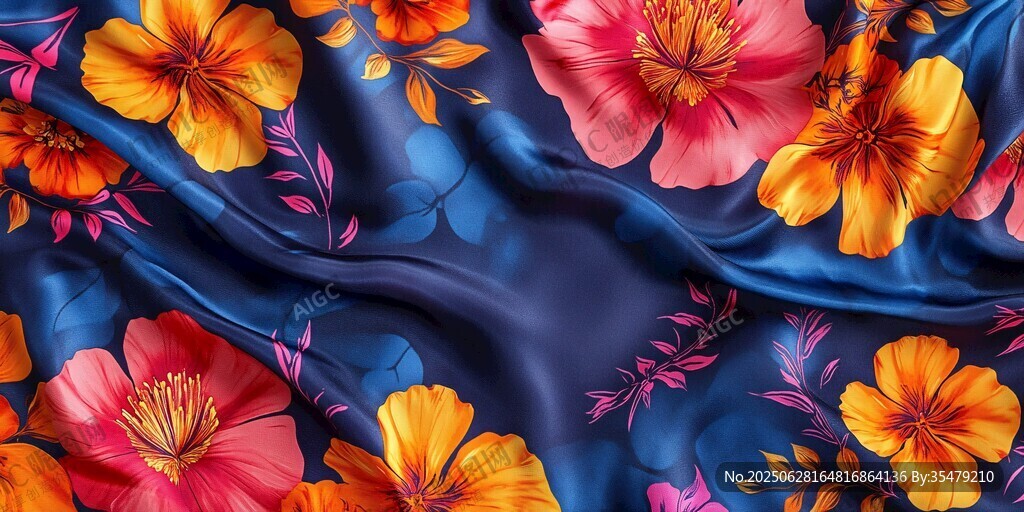 蓝色丝绸上的绚丽花卉图案