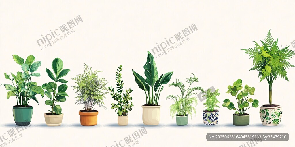 一排多彩盆栽装点生活