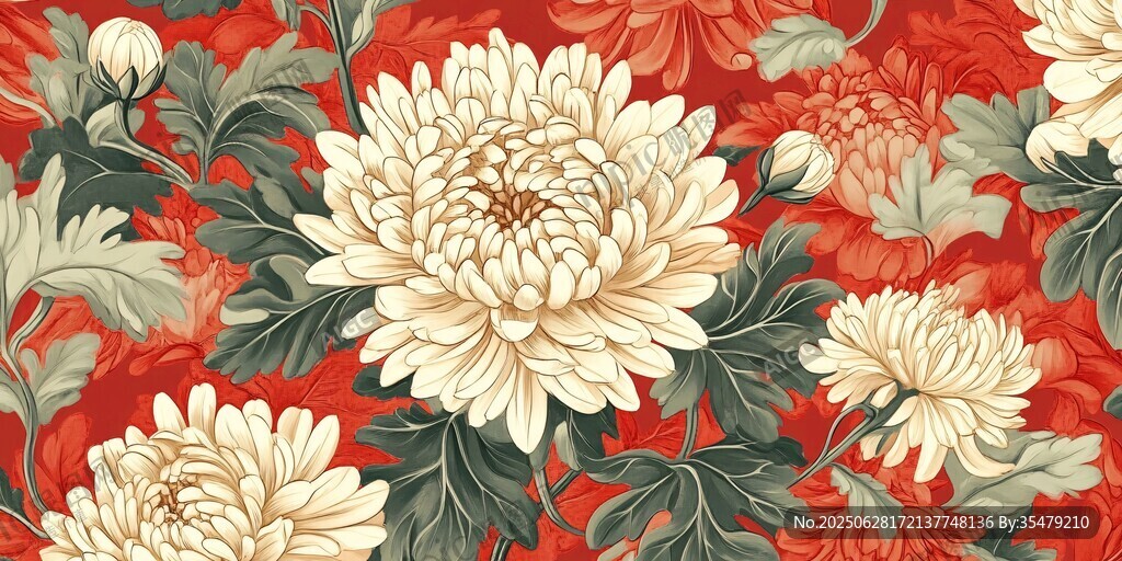 中式花卉图案 红底白菊纹