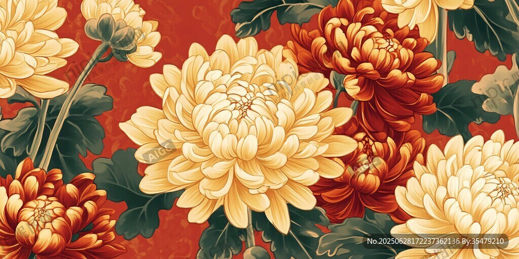 1 中式红底菊花花卉图案