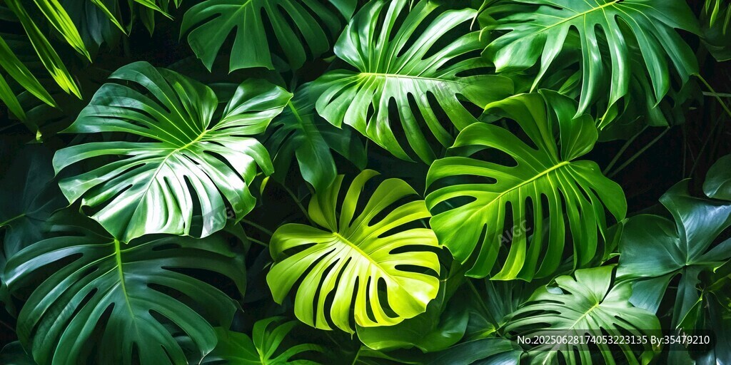 龟背竹叶的清新绿意画面