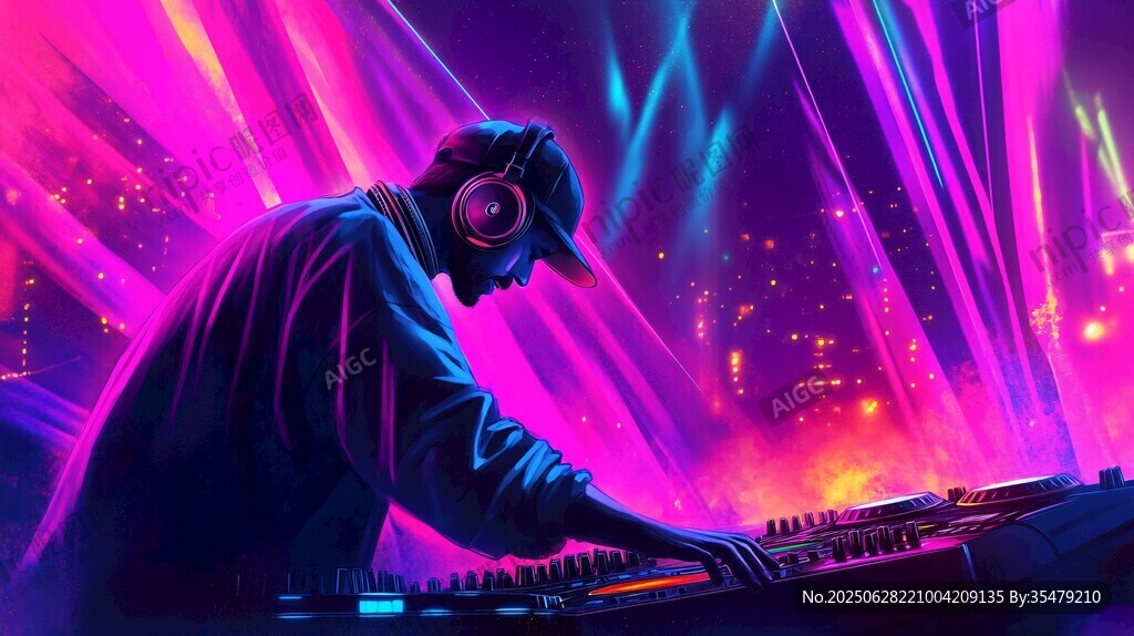 炫酷DJ在动感灯光下打碟