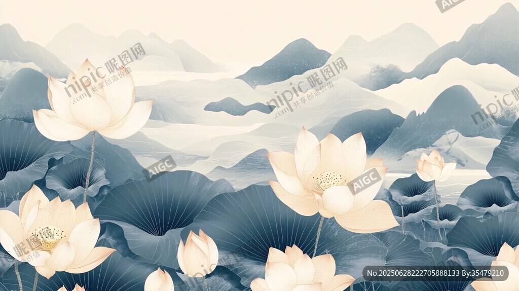 水墨荷花映远山