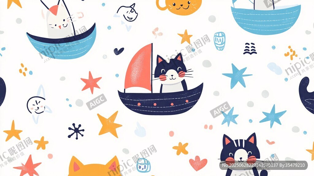 可爱猫咪航海主题无缝图案