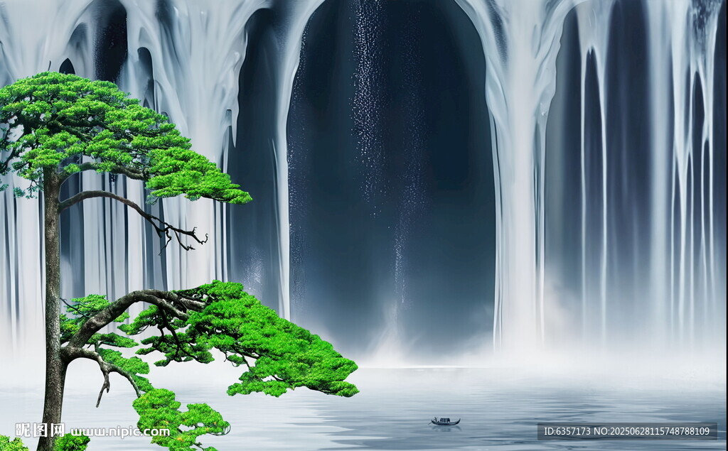 蓝色招财瀑布山水画