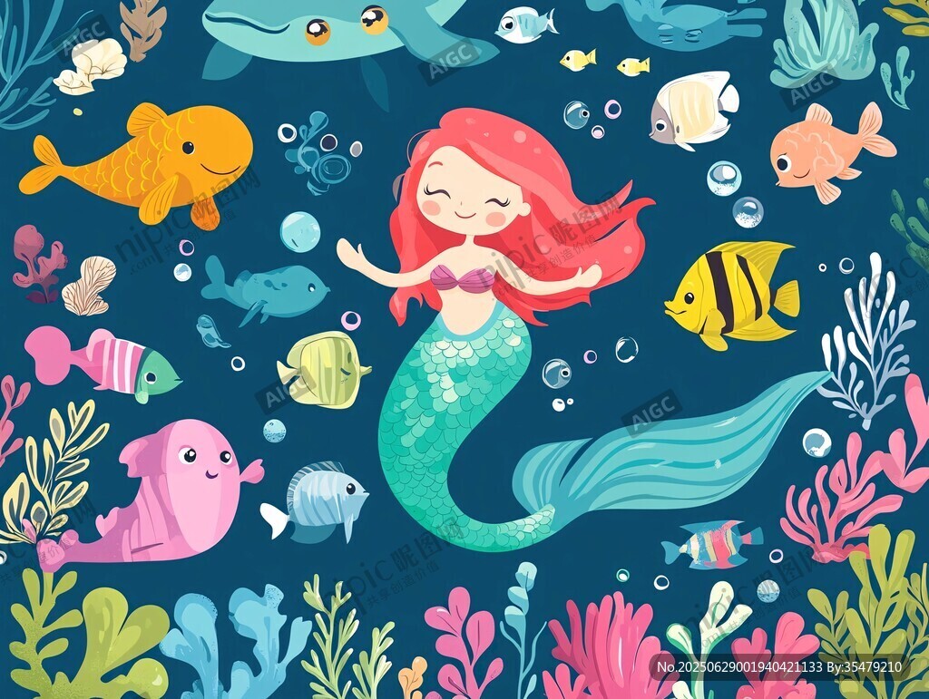 梦幻海底的美人鱼与鱼群