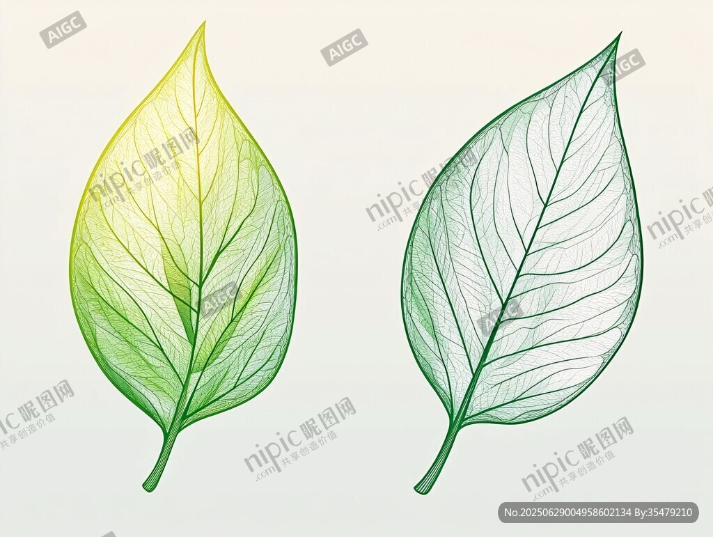 两片精美叶脉风绿色叶子
