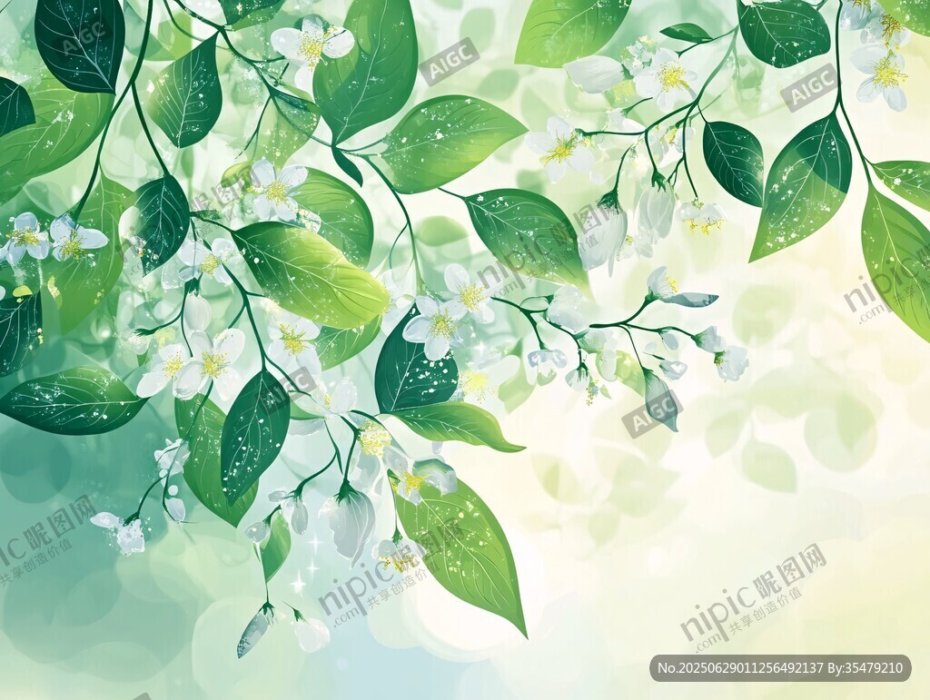 清新绿叶白花唯美插画