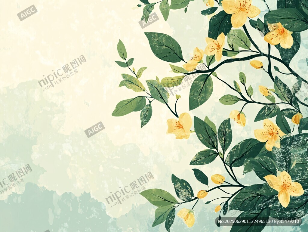 春日黄花绿叶清新插画