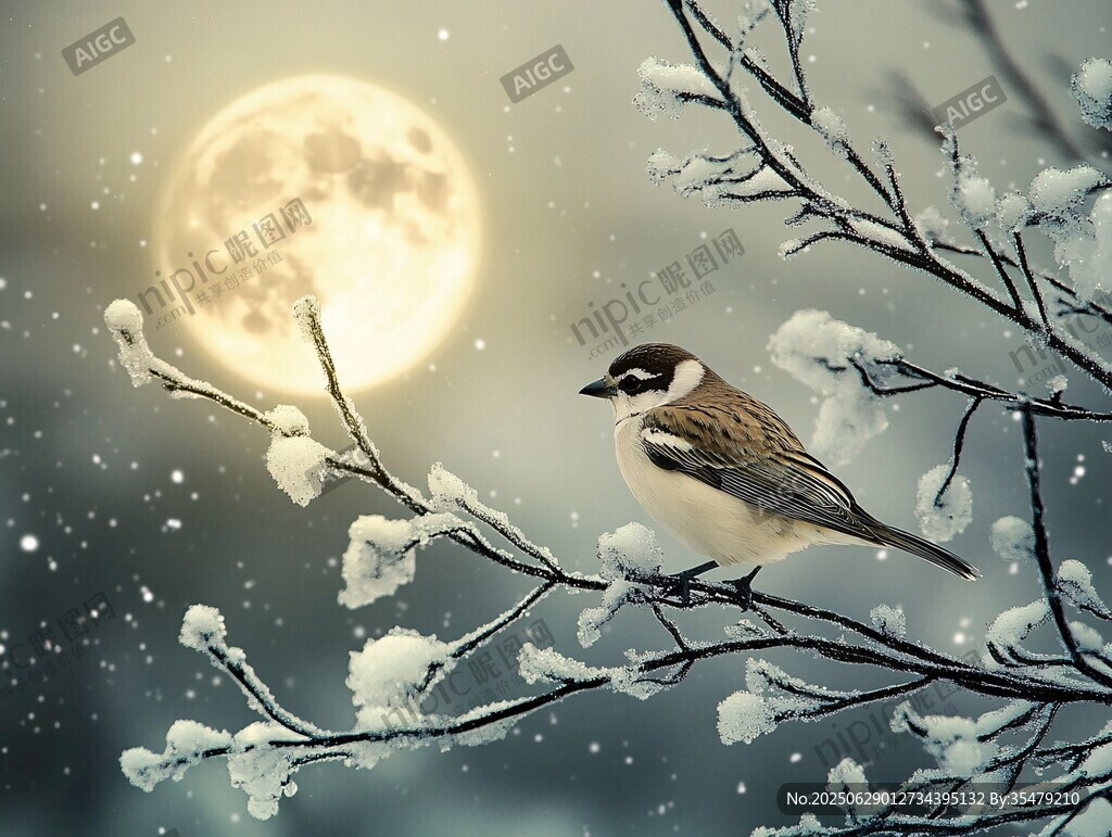 雪夜明月下的栖息小鸟