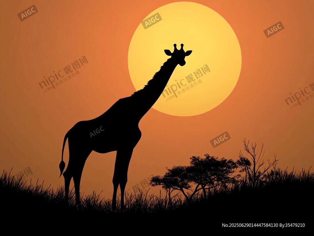 夕阳下的长颈鹿剪影