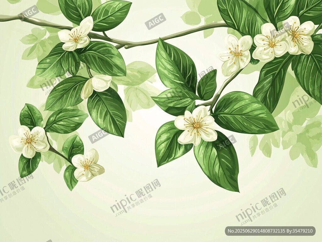 枝头绽放的清新白色花朵