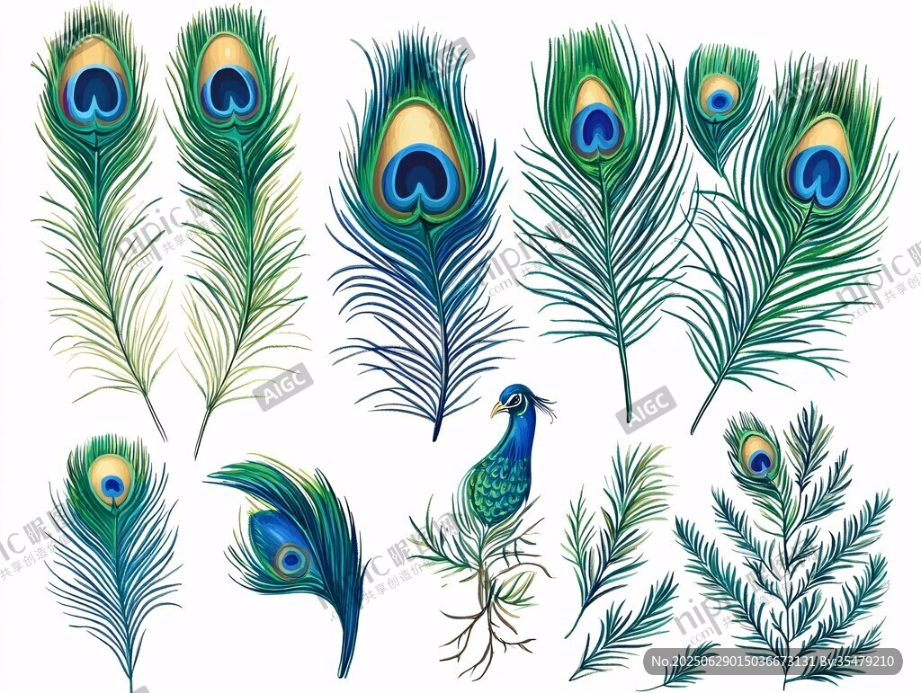 孔雀羽毛与绿植插画素材