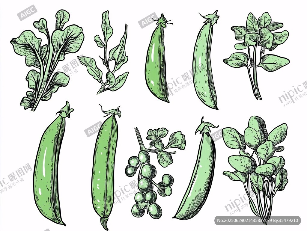 手绘青豌豆与绿叶蔬菜