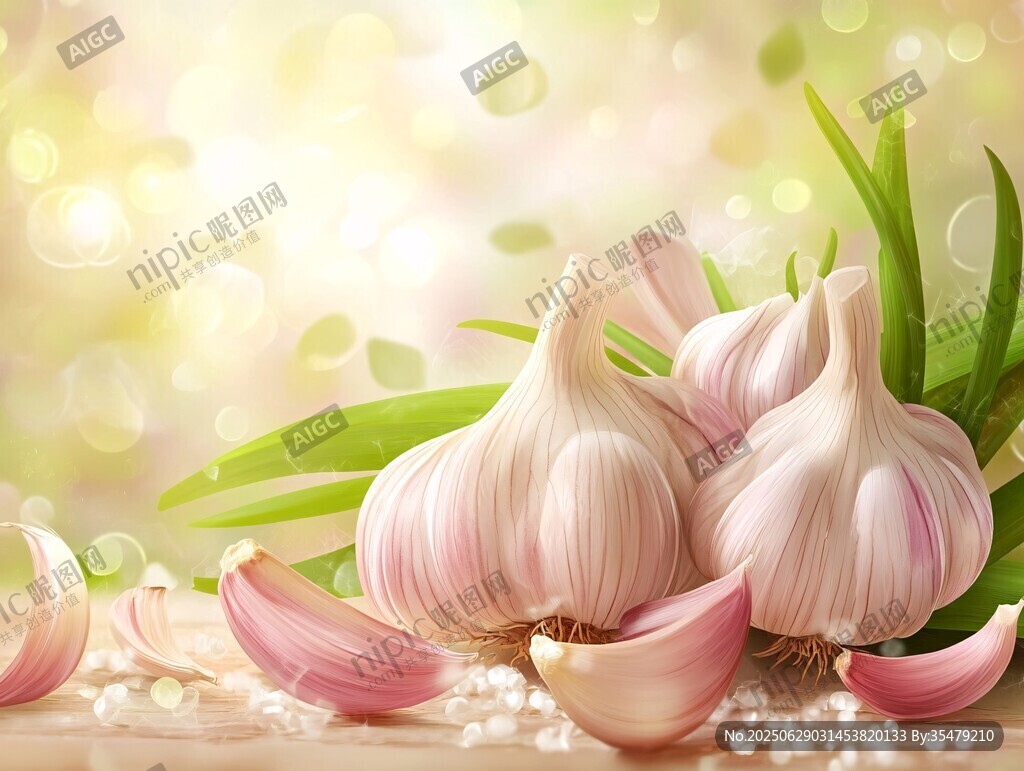 新鲜大蒜与翠绿蒜叶特写