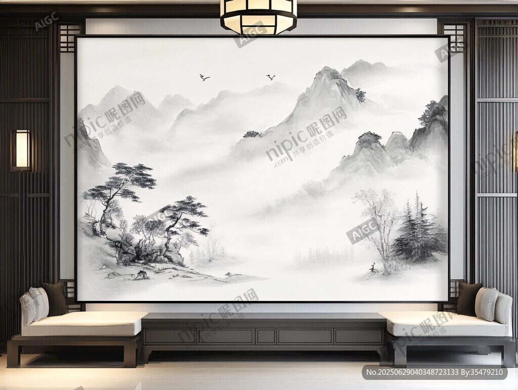 中式山水壁画的雅致空间