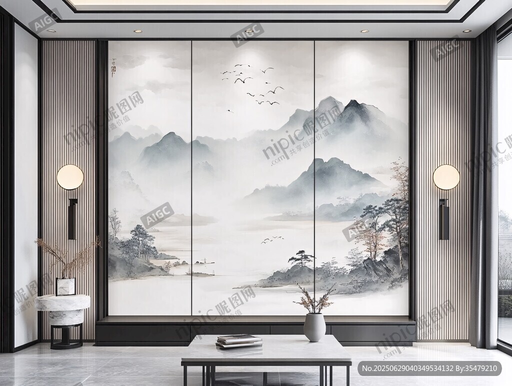 中式山水风客厅背景墙