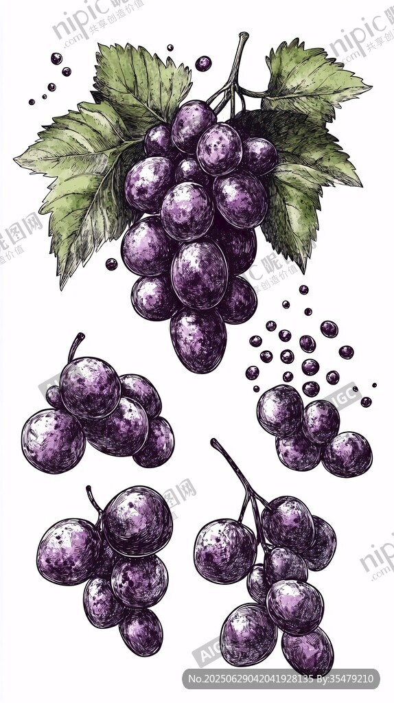 手绘紫葡萄及枝叶插画