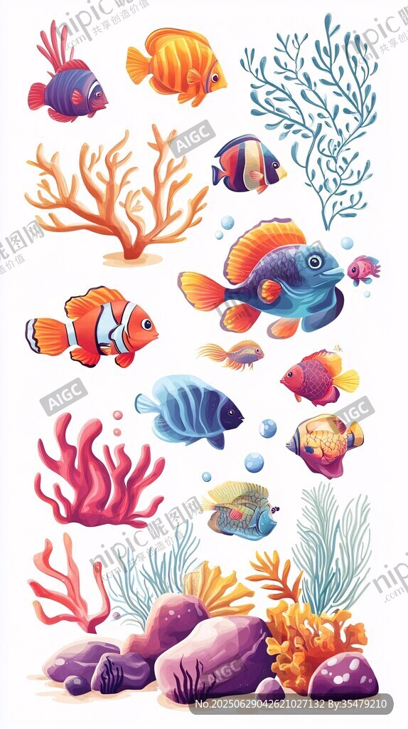 缤纷海底鱼类与珊瑚图案