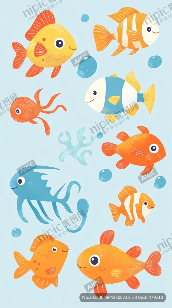 可爱海洋鱼类插画图案