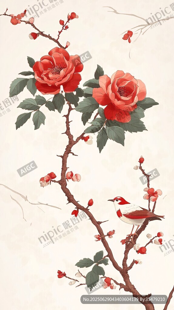 中式花卉图 红玫与飞鸟
