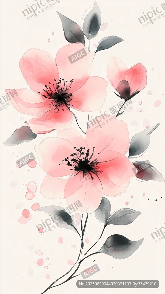 水墨风粉色花卉插画