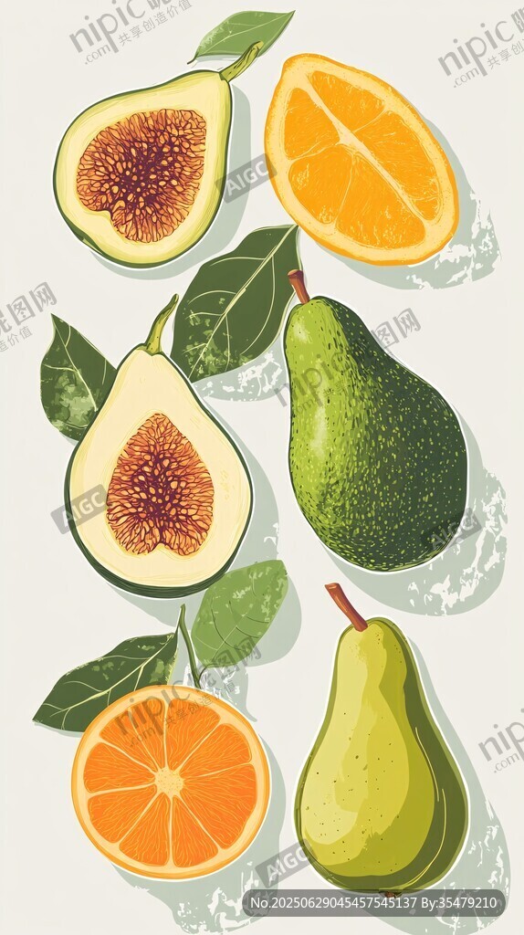 新鲜水果插画 梨橙牛油果等