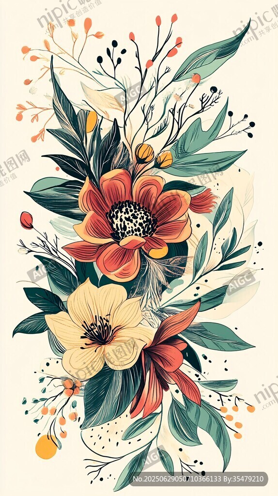花卉插画 多彩花朵与绿叶