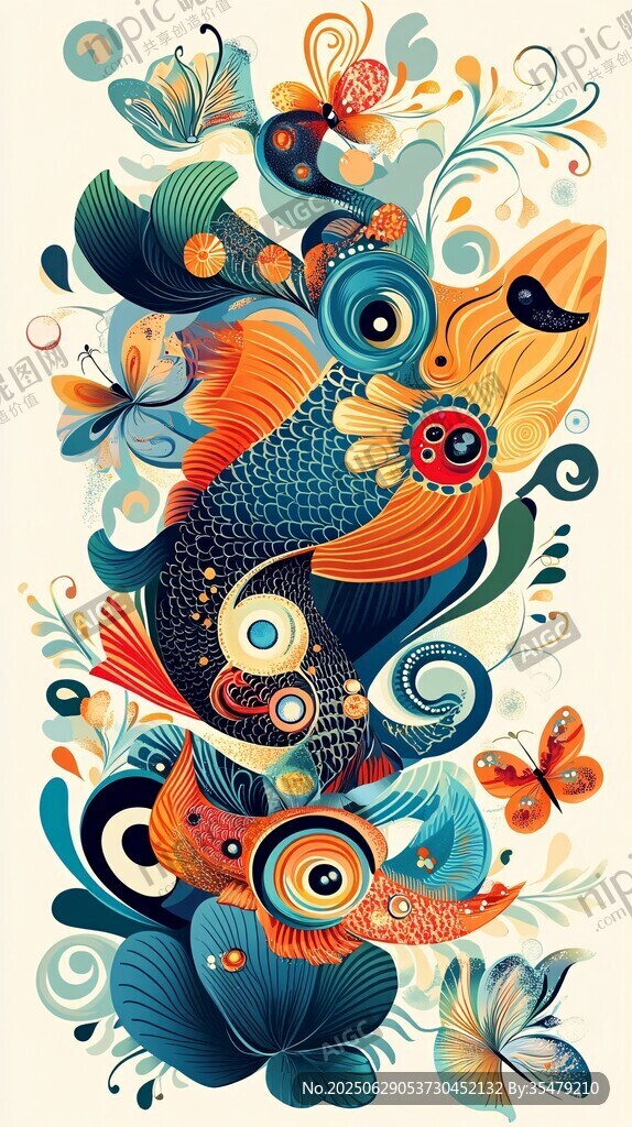 梦幻鱼与花卉插画艺术
