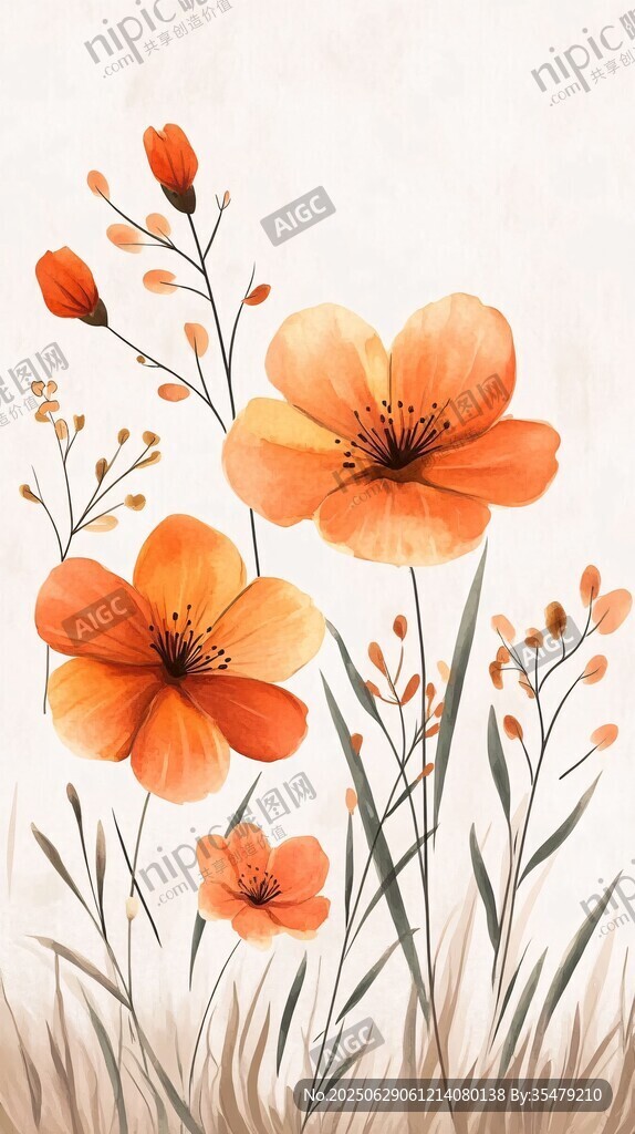 橙色花卉水彩插画