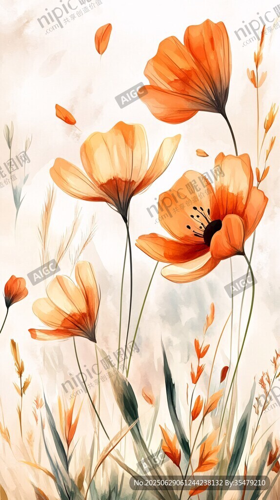 橙色花卉水彩插画艺术