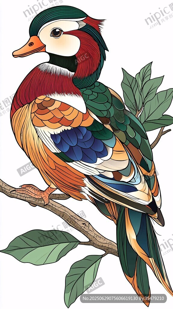 枝头彩羽鸳鸯插画