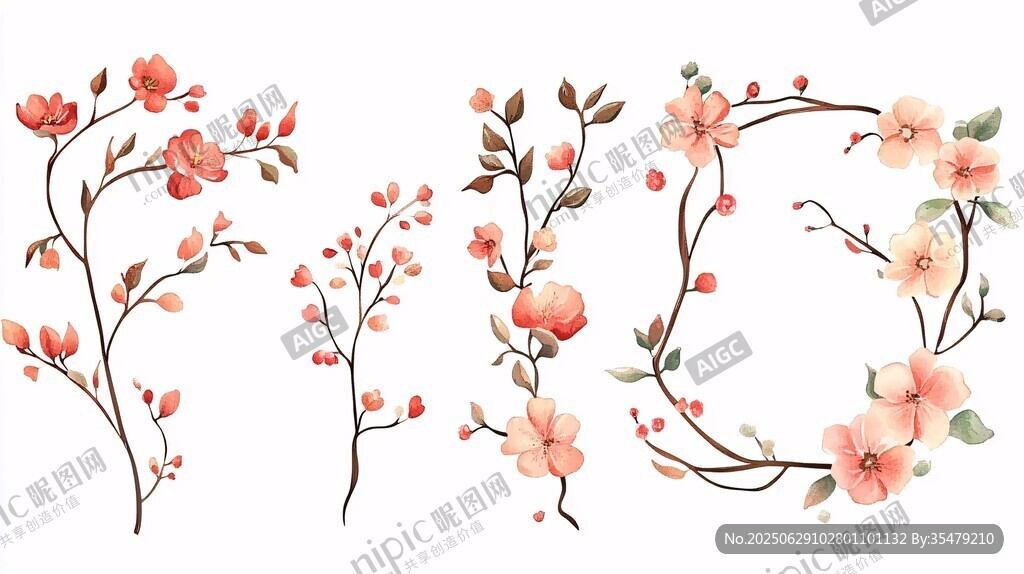 手绘粉色花卉装饰元素