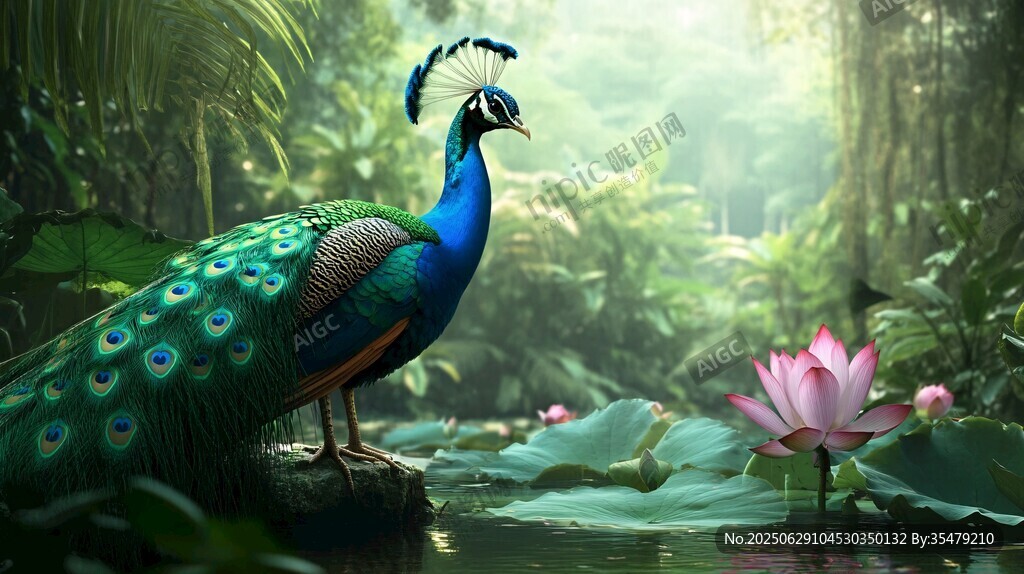 孔雀立于荷塘畔的奇幻景致
