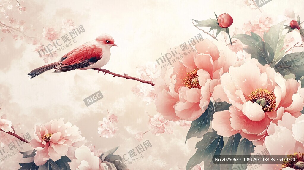 花鸟图 枝头雀与粉艳牡丹
