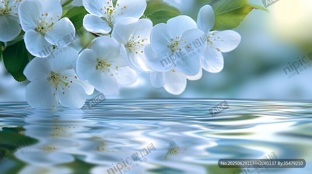水边绽放的白色花朵