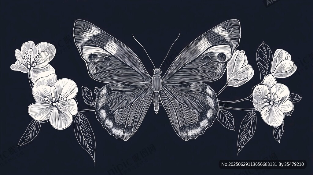 蝴蝶与花卉的优雅插画
