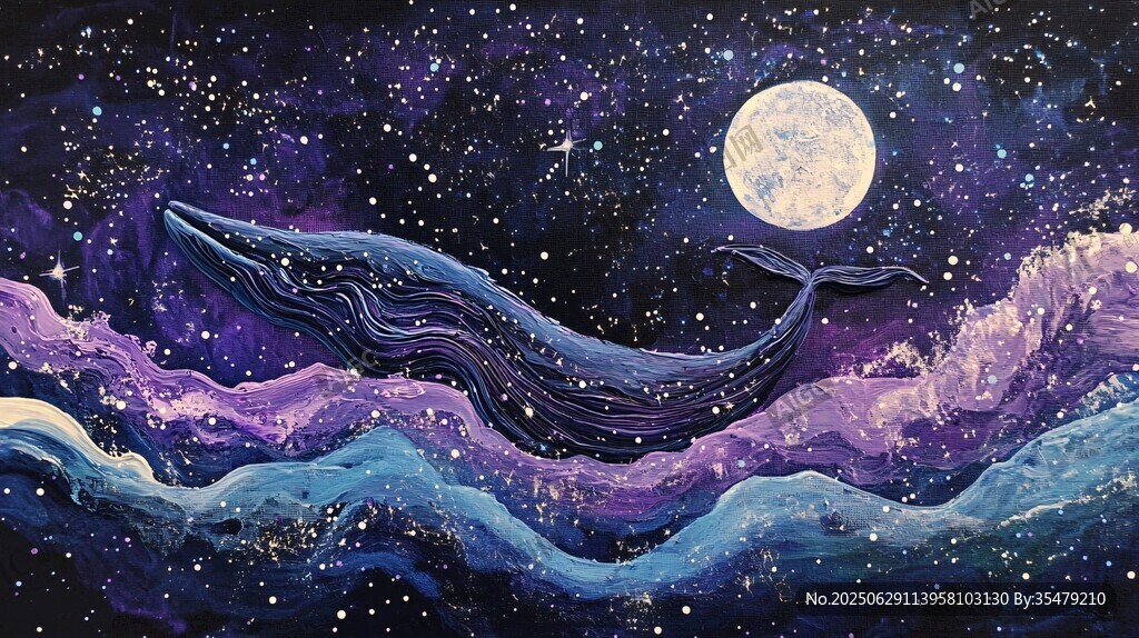 月夜下遨游的梦幻鲸鱼