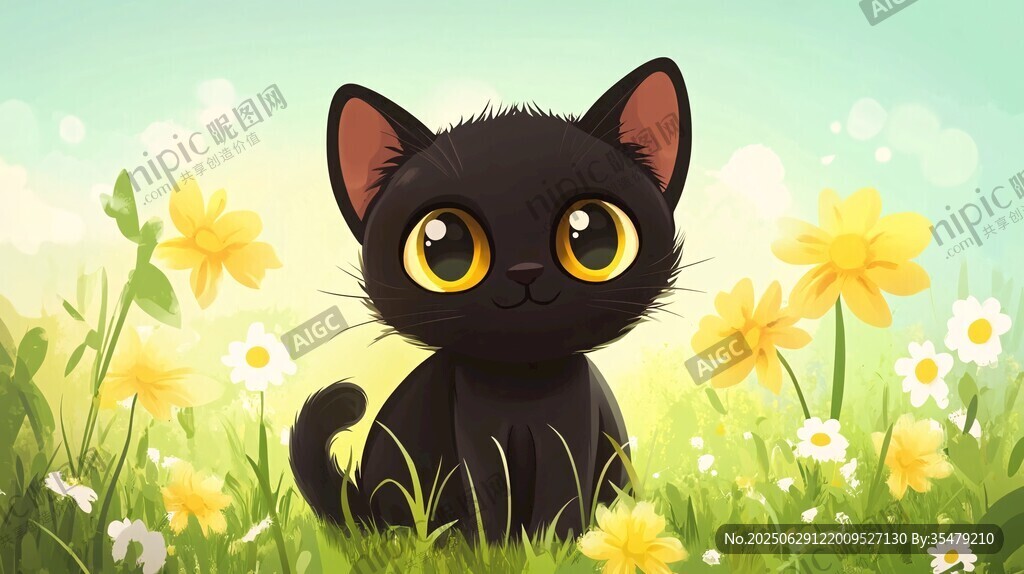 黑猫坐于繁花绿草间