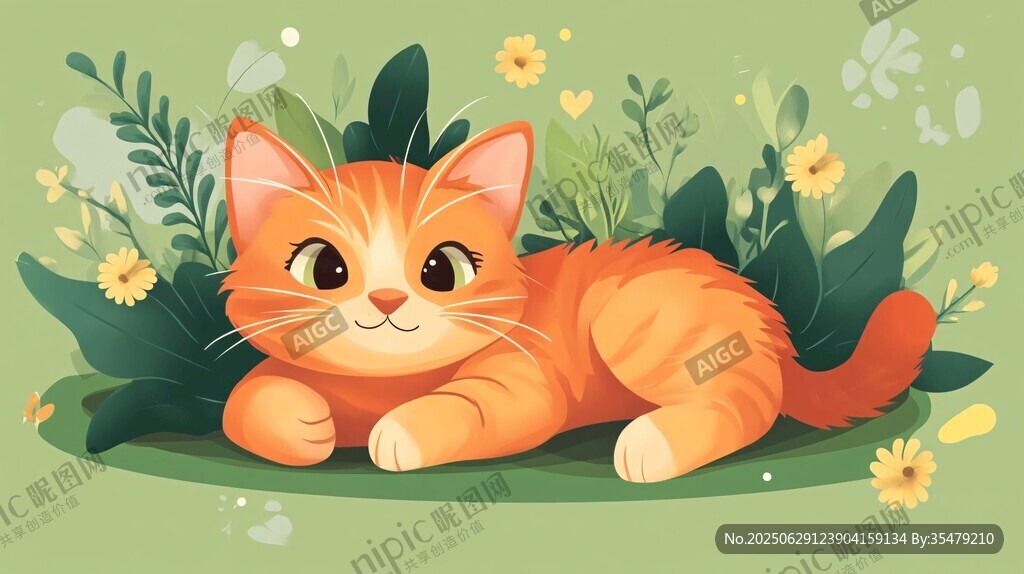 橘猫惬意躺于花草间