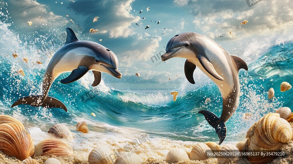 双海豚跃浪于缤纷海滨