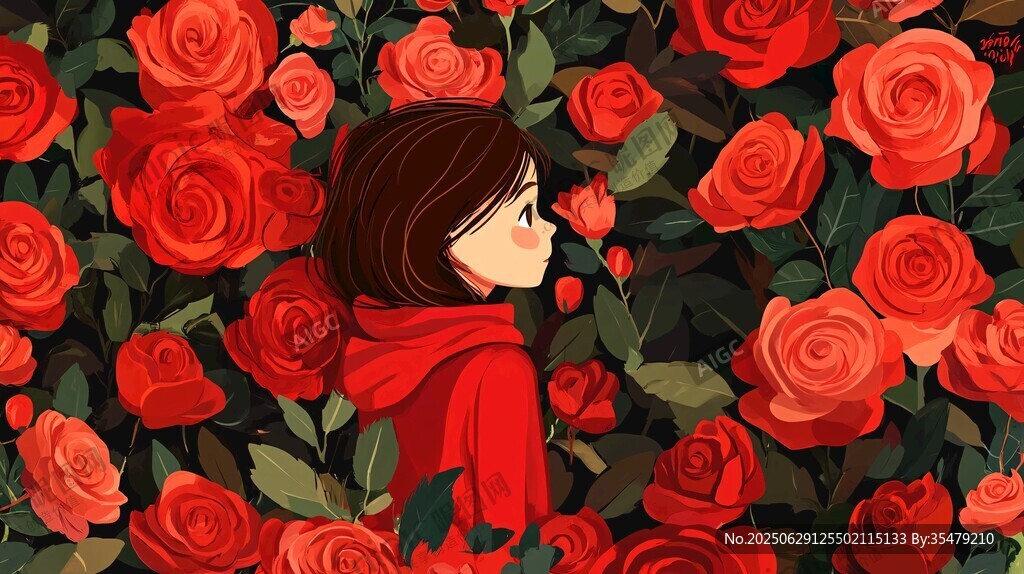 少女置身红玫瑰花海中