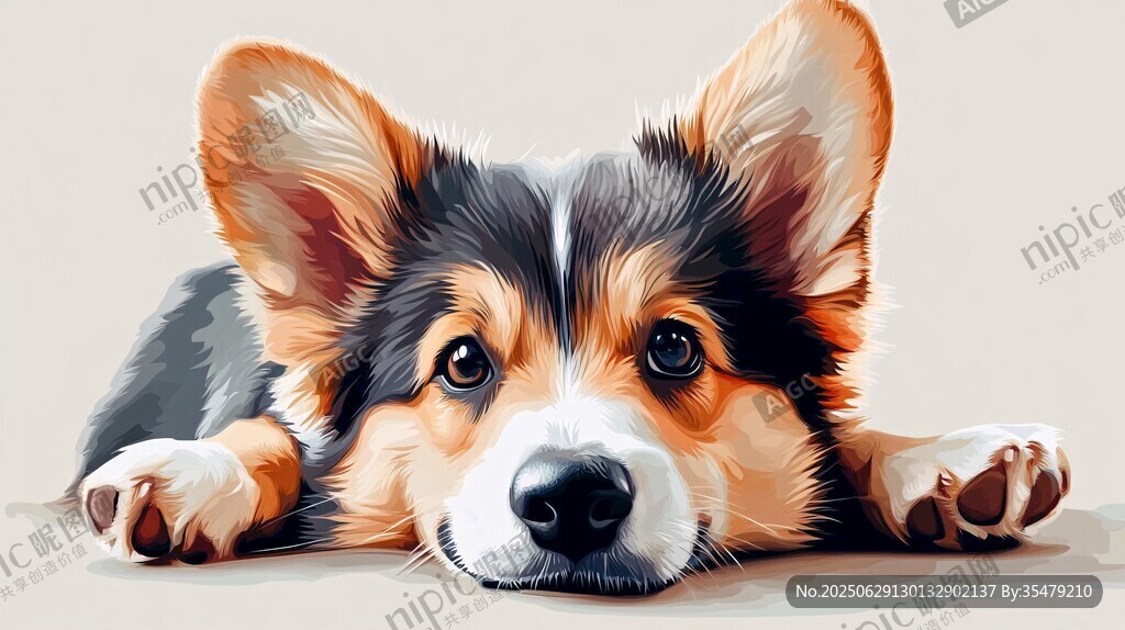 趴着的可爱三色柯基犬