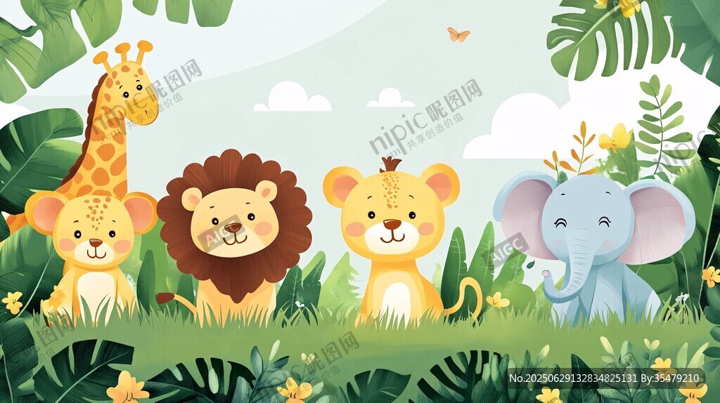 可爱野生动物的丛林聚会